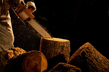 electric chainsaws cut trees in the forest for building a house and making firewood The concept of...