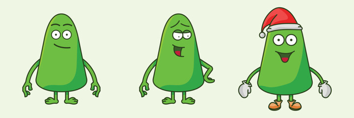 cute green alien three different poses christmas relax Cartoon Vector Icon Illustration. Monster Icon Concept Isolated Premium Vector. Flat Cartoon Style