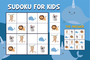 Sudoku game for children with pictures. Kids activity sheet. Training children&rsquo;s logical thinking, educational game. Kids activity sheet. Vector cute animals. Printable puzzle game for preschool