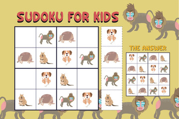 Sudoku game for children with pictures. Kids activity sheet. Training children&rsquo;s logical thinking, educational game. Kids activity sheet. Vector cute animals. Printable puzzle game for preschool