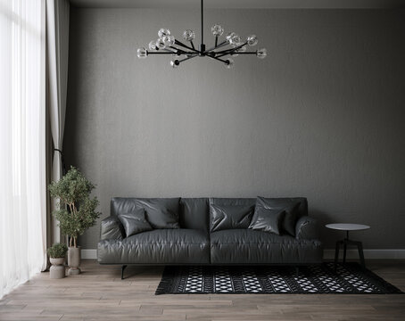 3d rendering of living room with black leather sofa