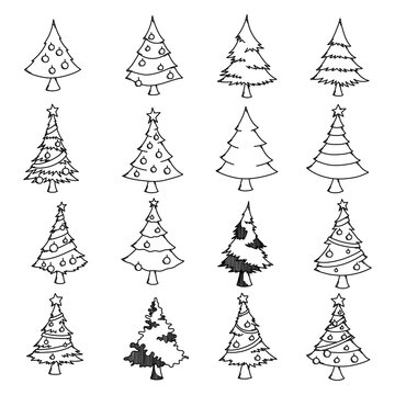 Christmas tree Doodle vector icon set. Drawing sketch illustration hand drawn line eps10