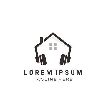 Template desain logo rumah dengan earphone