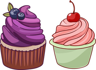 Hand drawn sketch food illustration of a cupcake set with blueberry and cherry cream, vector illustration of dessert