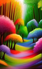 Colorful Trees in Forest, Painting Style Illustration, Fantasy Art