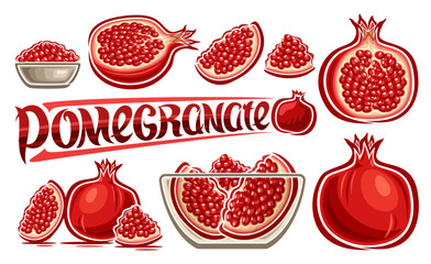 Vector Pomegranate Set, horizontal poster with lot collection of cut out illustrations fruity pomegranate still life in glass plate, group of many variety chopped ripe fruits and red word pomegranate