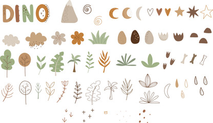 A set of elements for illustrations of dinosaurs, volcano, eggs, plants, clouds vector illustration for design, print, pattern, isolated on white background © polikarpovaart