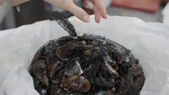 Opening up a bag of fresh mussels for cooking.