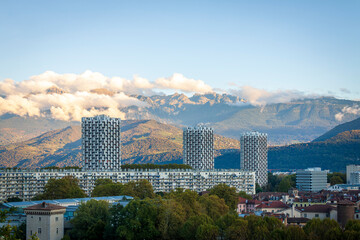 Fototapeta premium Grenoble France 11 2021 view of Grenoble from the heights of the Bastille, the city is known for its cable car which is nicknamed 