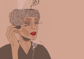 beautiful sexy sad woman portrait with red lips and tears in eyes with long lashes open minded long hair and dreams with soul fears