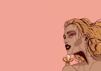 beautiful sexy sad woman portrait with red lips and tears in eyes with long lashes open minded long hair and dreams with soul fears