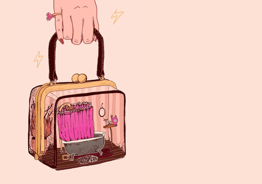 beautiful cosy bathroom illustration in a fashion woman glass transparent bag in the hand with a ring hand drawing art with pink curtains 