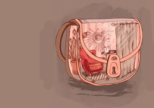 beautiful cosy dreamy stylish room  illustration art in fashion glass transparent bag with pink chair and cup of coffee on a table design interior