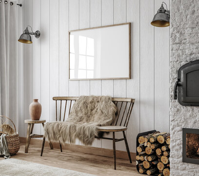 Mockup frame in Scandinavian farmhouse living room interior, 3d render