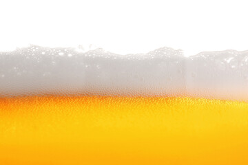 Tasty beer with foam in glass, closeup