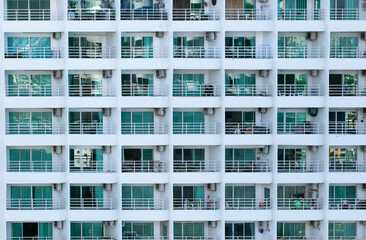 The white mansion block in the Pattaya beach of Thailand. Condominium for travelers, Residential with an outside and high view.