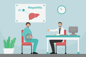 Hepatitis disease vector concept: Young man doing consultation with male doctor related hepatitis symptoms in the hospital