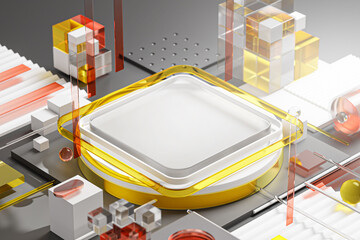 Square Podium Product High Tech Concept Futuristic Network System Yellow Glass 3D Render © natanaelginting