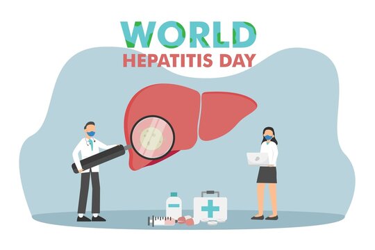 Two doctors wearing face mask while examining an unhealthy liver with world hepatitis day text