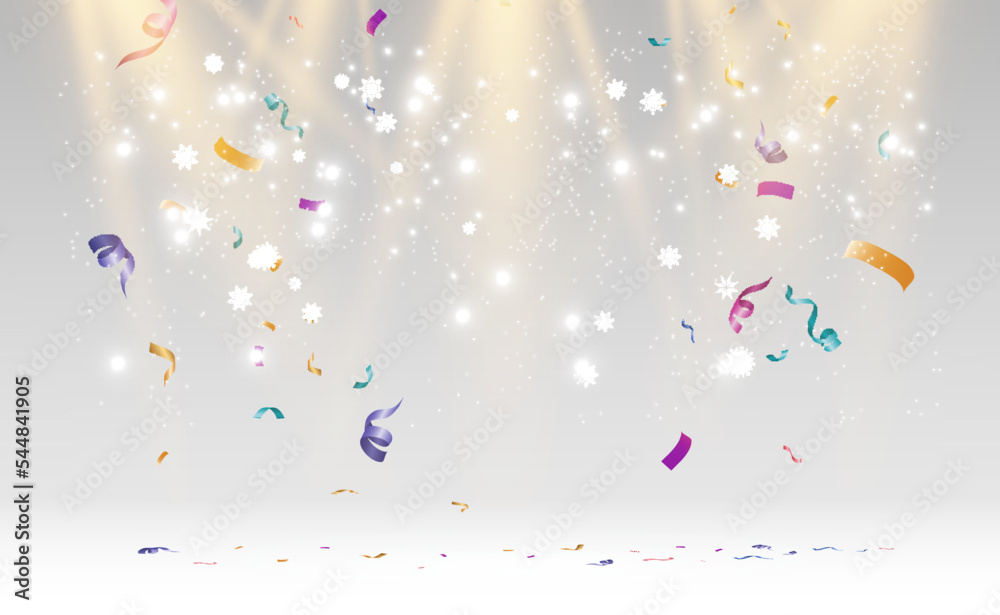 Poster Lots of colorful tiny confetti and ribbons on transparent background. Festive event and party. Multicolor background.Colorful bright confetti isolated on transparent background.	