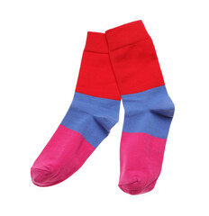 Striped socks on white background, top view