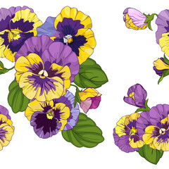 pansies viola floral seamless pattern, vector illustration.