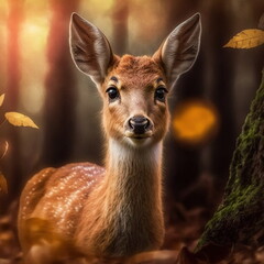 deer in the woods, fantasy forest,  digital 3D illustration Original concept, this Character is fiction based and does not exist in real life