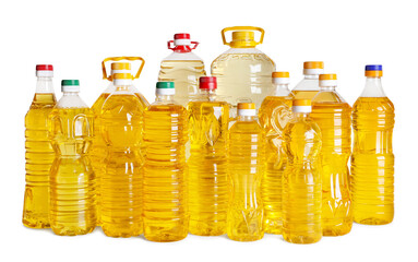 Bottles of cooking oil on white background