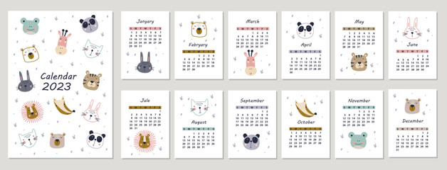 Calendar 2023 with animals. Vector