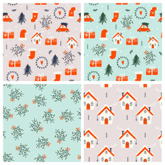 Christmas seamless pattern with Christmas tree, wreath, christmas elements. Vector