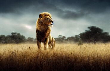 Lion king of beasts, big cat in the savanna, lion sitting in natural environment , predator concept art