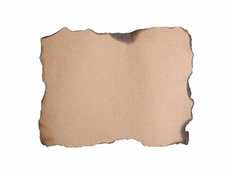 Piece of brown paper with dark burnt borders isolated on white, top view. Space for text