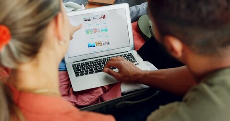 Couple, travel and laptop for planning vacation, holiday getaway break or trip together at home. Man and woman on website researching or browsing blog on traveling homepage or destination on computer