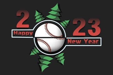 Happy new year. 2023 with baseball ball and Christmas trees. Original template design for greeting card, banner, poster. Vector illustration on isolated background