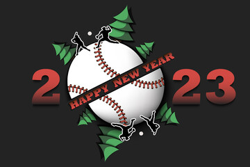 Happy new year. 2023 with baseball ball, Christmas trees and baseball players. Original template design for greeting card, banner, poster. Vector illustration on isolated background