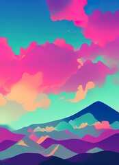 Een prachtig esthetisch landschap van torenhoge bergen met een lucht vol wolken, helder verlichte, digitale kunst, 4k magenta kleurenpalet