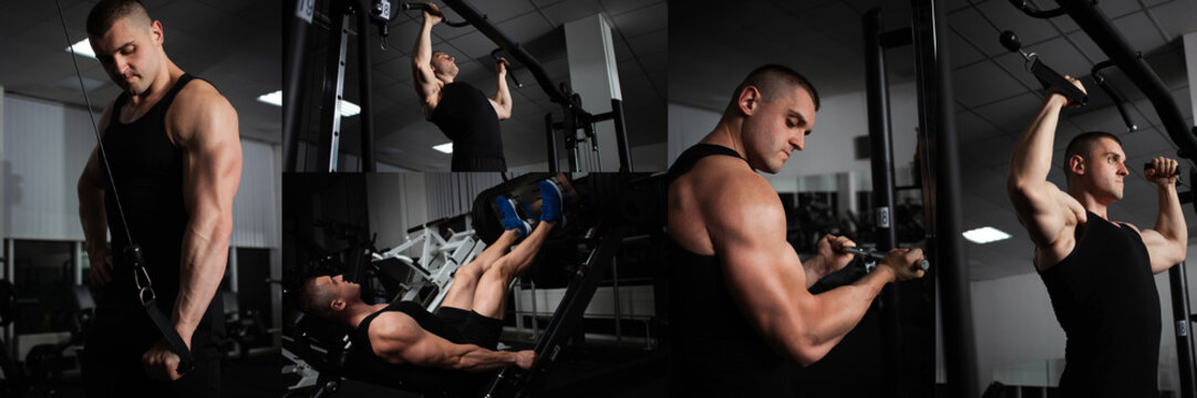 Sports collage, banner, set of photos. Sports training in gym. attractive man with exercise machines