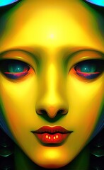 a digital painting of a woman's golden face with bright blue eyes and red lips, 3D digital art, digital illustration, fantasy artwork