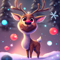 Rudolph the red nosed reindeer in the snowy woods.