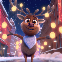 Fototapeta premium Christmas reindeer in the city during a snow storm at night