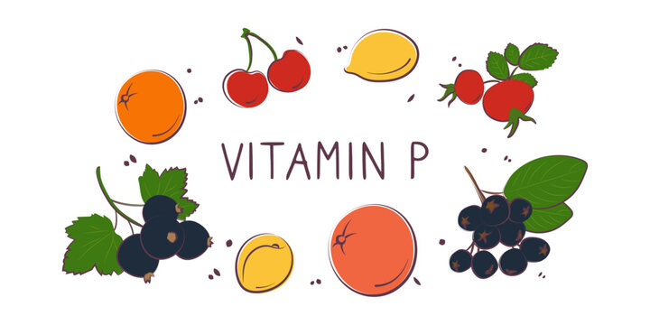 Vitamin P bioflavonoids. Groups of healthy products containing vitamins and minerals. Set of fruits, vegetables, meats, fish and dairy.