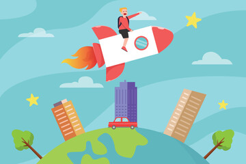 Naklejka premium Schoolboy riding a rocket on the sky