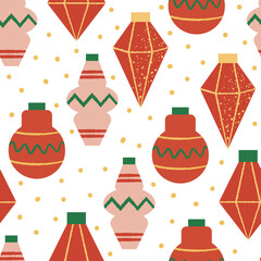Holiday seamless pattern with red and pink christmas ornaments. Vector background
