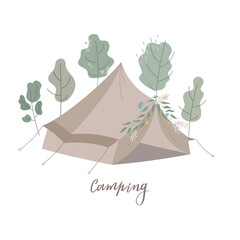 Cute vector tent illustration around forest. Can use for card, web © Purrga