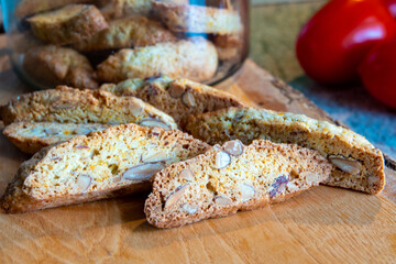 Homemade gluten free biscotti or cantuccini made of buckwheat flour with almonds and chocolate...