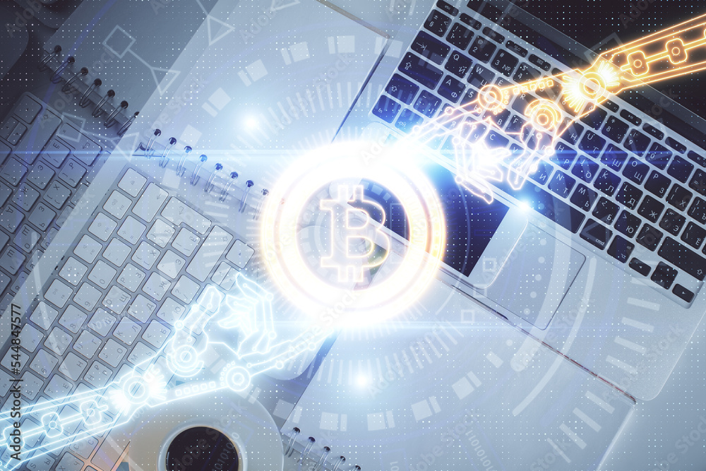 Aufkleber blockchain theme hologram drawings over computer on the desktop background. top view. double exposur