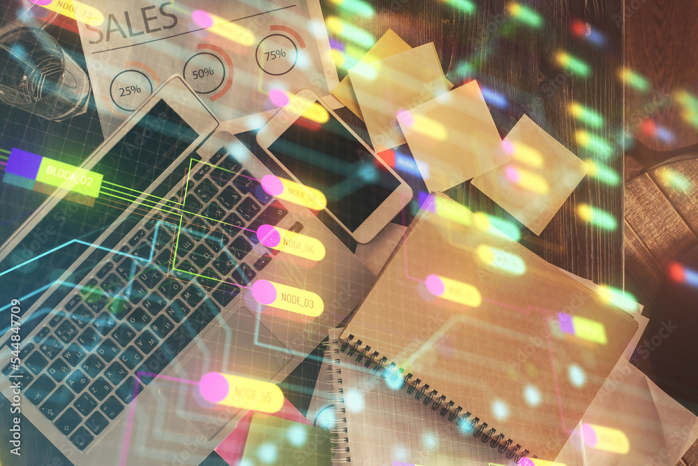 Poster Multi exposure of data theme drawing hologram over topview work desk background with computer. Concept of technology.