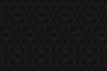Embossed black background, ethnic cover design. Press paper, boho style, doodle and zentangle technique. Tribal geometric original 3d pattern. Motives of the East, Asia, India, Mexico, Aztecs, Peru.