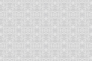 Embossed white background, ethnic cover design. Press paper, boho style, doodle and zentangle technique. Tribal geometric unique 3d pattern. Motives of the East, Asia, India, Mexico, Aztecs, Peru.