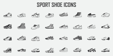  Shoes icons set. Female fashion, summer and autumn trendy footwear, sandals, pumps. Winter. Glowing signs. Vector isolated illustrations